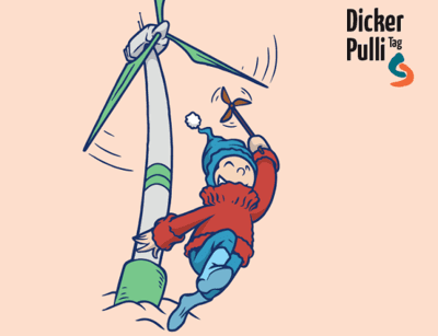 Gezeichnete Figur in Winterkleidung vor einem Windrad